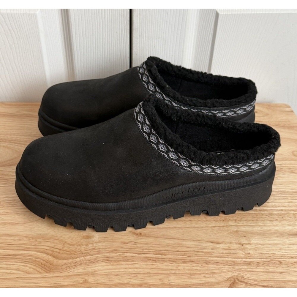 Skechers Comfy Hour Shindigs Clogs Mules Faux Sherpa Lining Black Womens Size 10